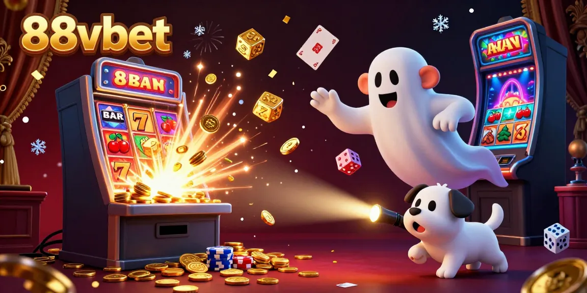 Experience the excitement of 88vbet with a lively gambling scene featuring a poltergeist monkey and ghost-hunter puppy.