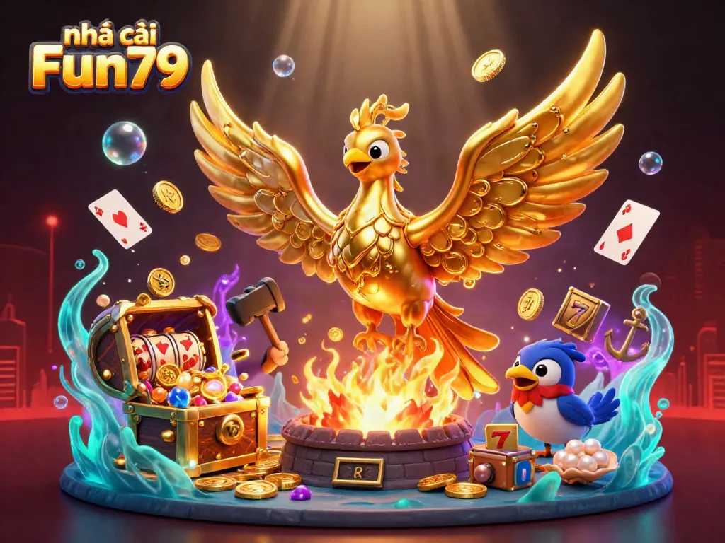 Engage with nhà cái Fun79 in a vibrant 3D scene filled with festive slots, golden details, and action-packed elements.