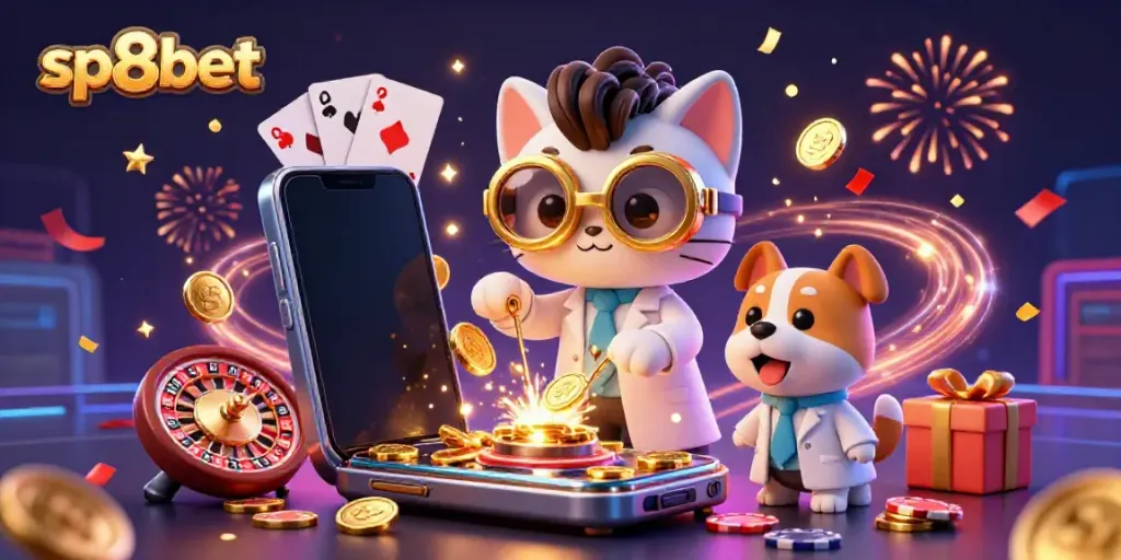 Join the thrilling casino experience with sp8bet showcasing animated characters and exciting game elements.
