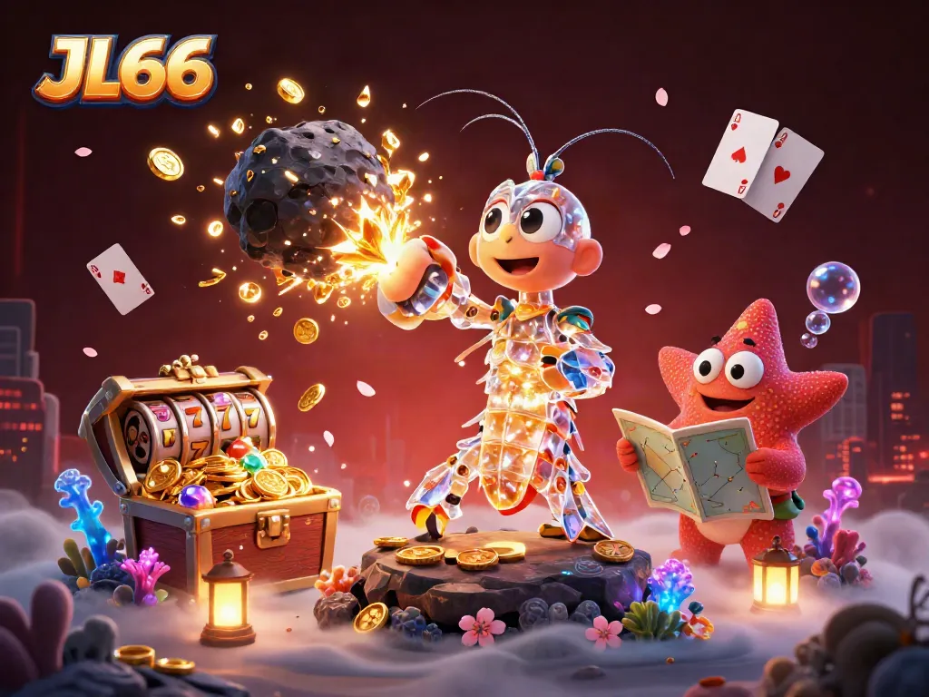 Experience the thrill of JL66 with a galactic samurai shrimp and vibrant casino elements.