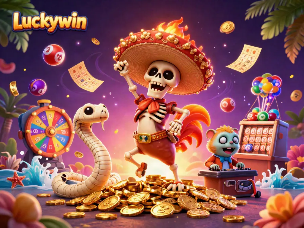 Luckywin celebrates victory with dynamic 3D characters dancing on golden coins, creating an exciting online casino experience.