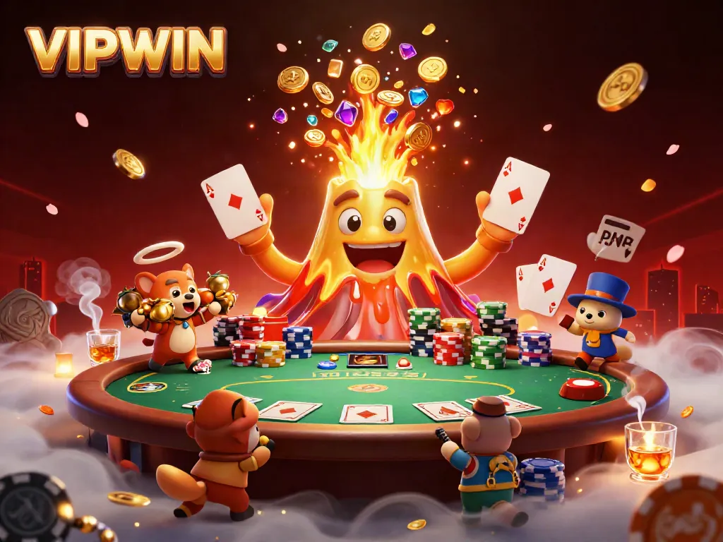 Win big with VIPWIN at an exciting casino scene featuring a golden volcano erupting treasure.