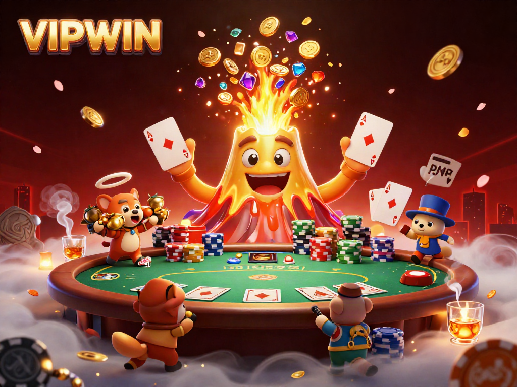 Win big with VIPWIN at an exciting casino scene featuring a golden volcano erupting treasure.