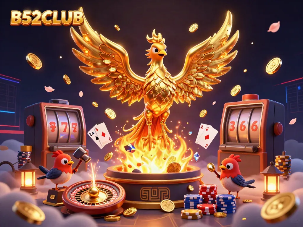 B52CLUB showcases an exciting game scene with a golden phoenix and vibrant casino elements.