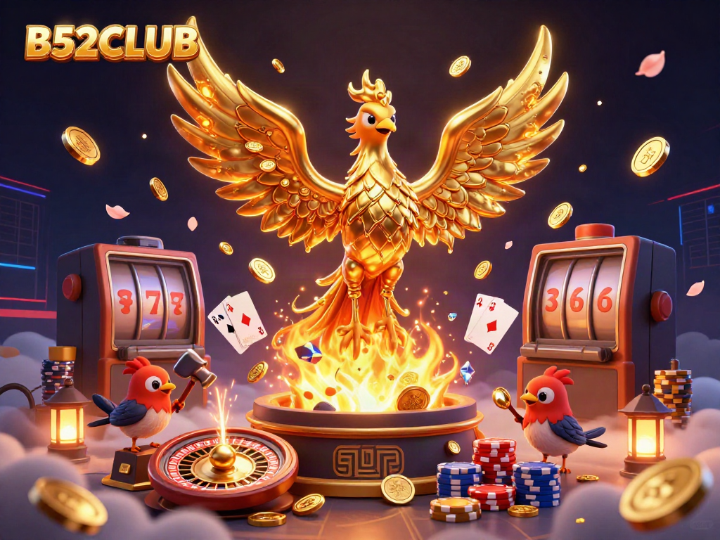B52CLUB showcases an exciting game scene with a golden phoenix and vibrant casino elements.