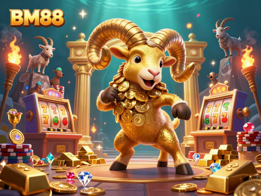 Experience exhilarating gameplay at BM88 with golden ram and vibrant slot machines among dazzling treasures.
