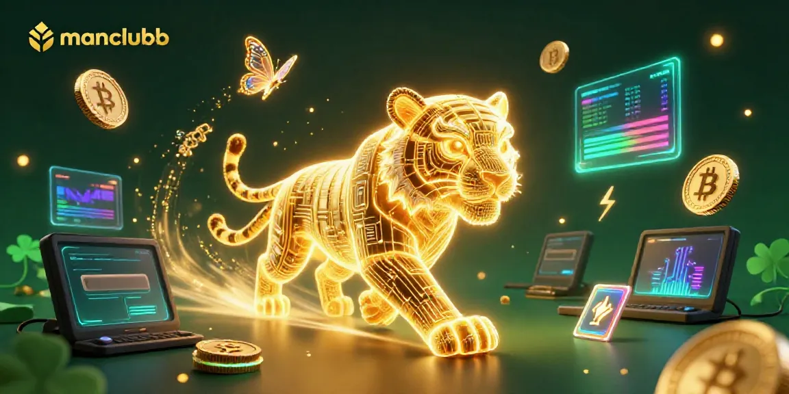Join the thrilling manclubb adventure with vibrant golden tiger and crypto elements illuminating the casino landscape.