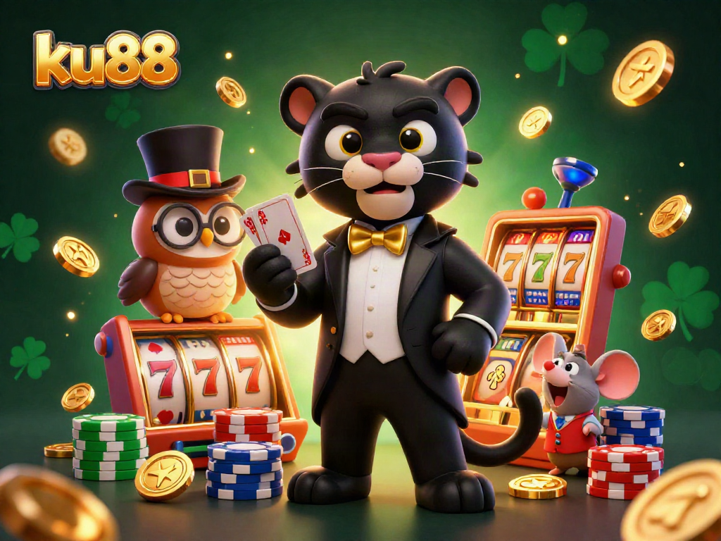 ku88 casino scene showcasing a stylish panther dealing cards with a lucky mouse and owl amid vibrant slot game elements.