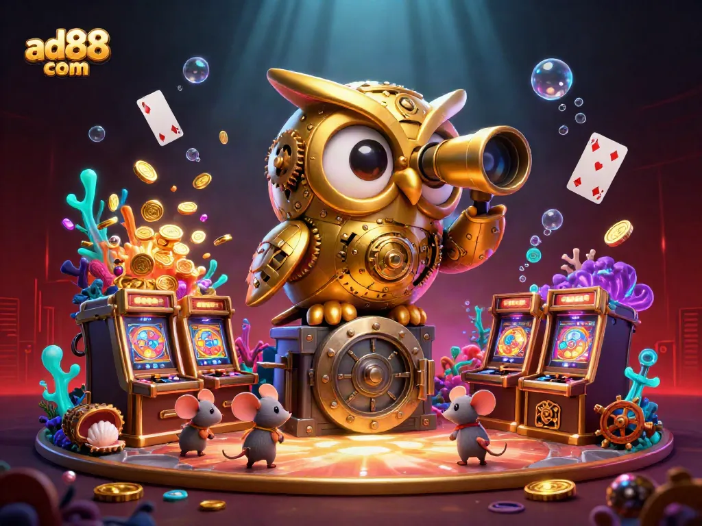 Play thrilling games on ad88 com, featuring a whimsical animated golden owl in a vibrant casino setting.
