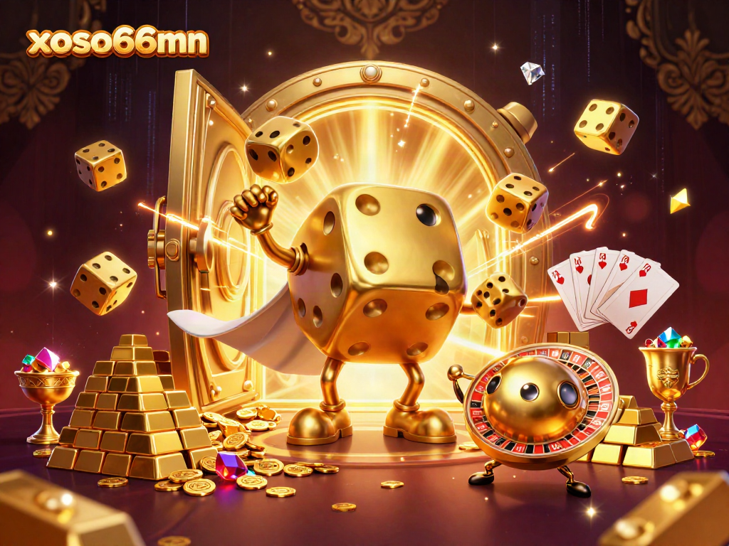 Experience the excitement of xoso66mn with our vibrant 3D casino illustration filled with treasures and games.