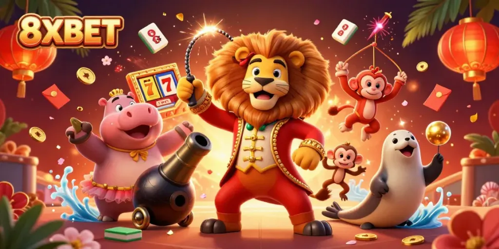 Experience the excitement of 8XBET with vibrant casino elements and engaging characters in a dazzling scene.
