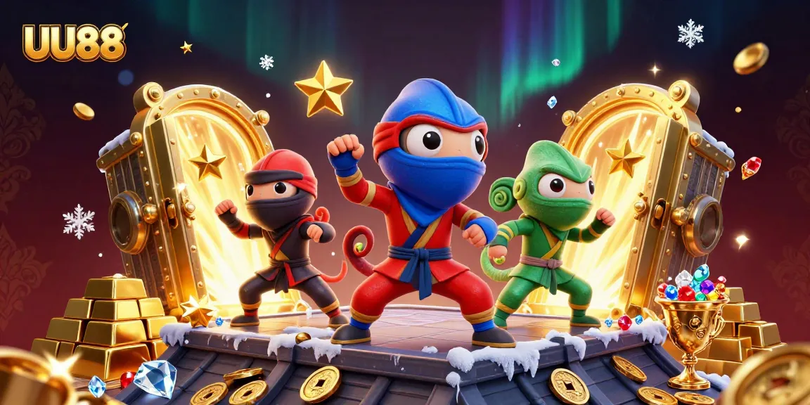 UU88 ninja chameleons showcase synchronized moves amidst gold treasures in this vibrant casino scene.
