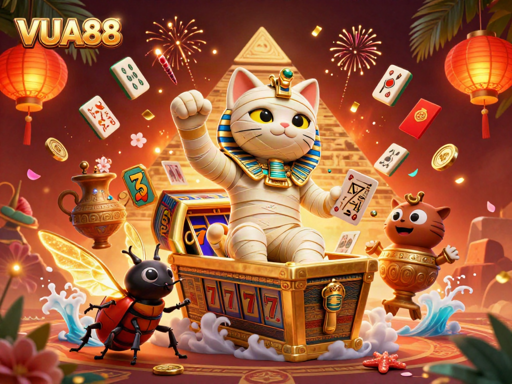 VUA88 casino scene featuring an Egyptian mummy cat and scarab beetle celebrating with rich gaming elements.