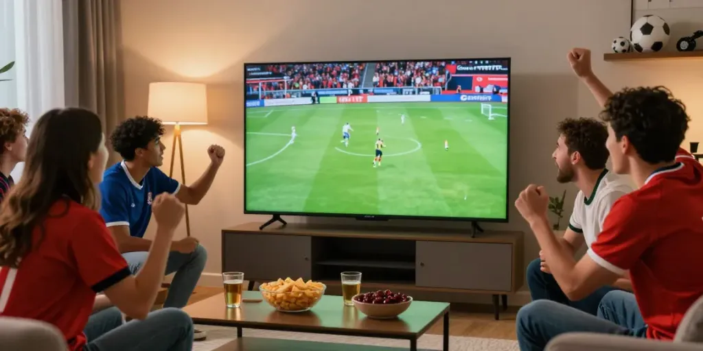 Exciting football viewing experience with friends enjoying GavangTV's live match.