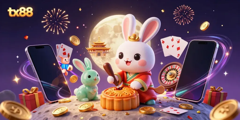 Experience amaze with tx88 casino's vibrant 3D scene featuring moon rabbits, games, and celebration elements!