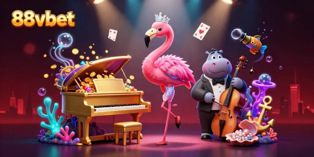 Engage with 88vbet in a vibrant, lively casino scene featuring animated characters and exciting game elements.