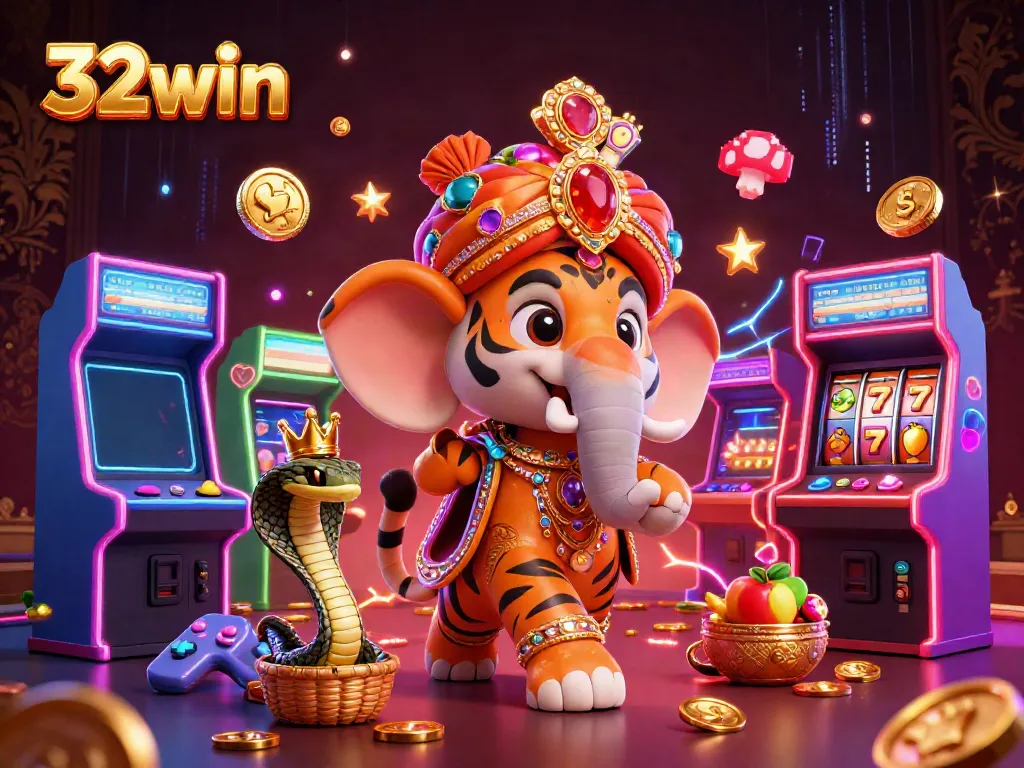 Experience thrilling gaming with 32win's vibrant 3D casino scene featuring slots and the majestic tiger.