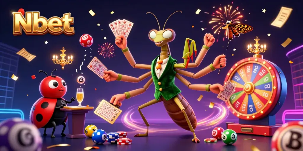 Nbet offers engaging gameplay with a lively 3D cartoon illustration featuring vibrant lottery elements