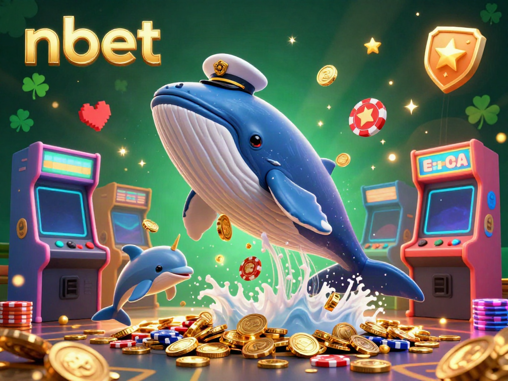 Engage with thrilling nbet adventures featuring a giant whale, narwhal, and dolphins amidst vibrant casino elements.