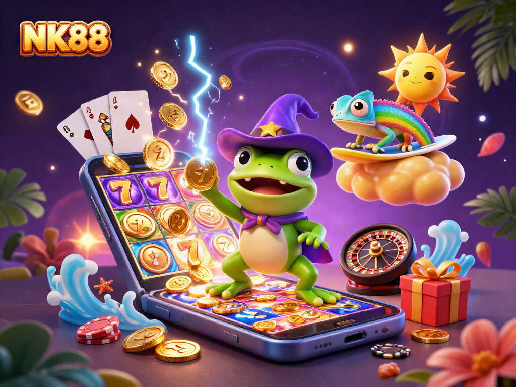 Experience the thrill of NK88 with a wizard frog and a chameleon amidst a storm of golden coins.