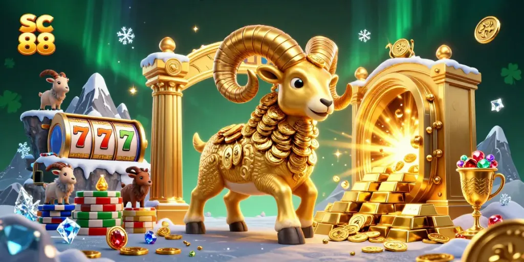 Engage with sc 88 through a vibrant 3D casino scene, showcasing dynamic slot reels and golden treasures.