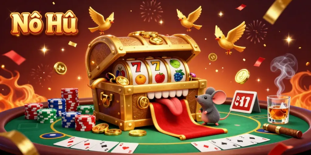 Spin the reels of Nổ Hũ with a treasure chest temptation amidst a vibrant poker scene.