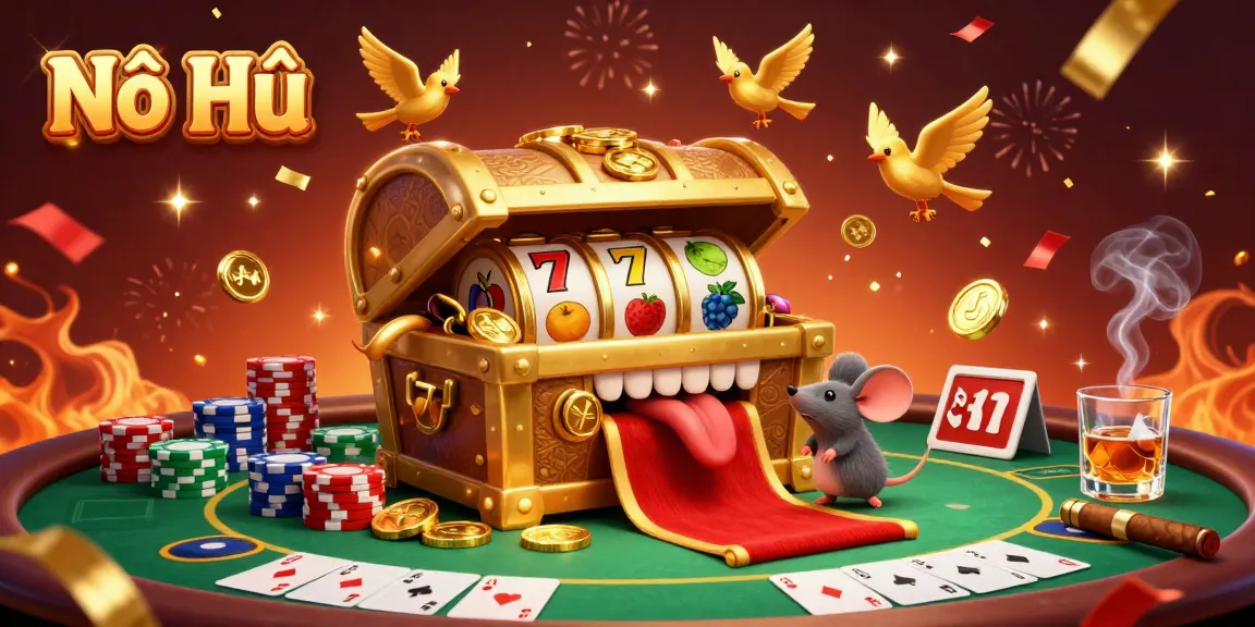 Spin the reels of Nổ Hũ with a treasure chest temptation amidst a vibrant poker scene.