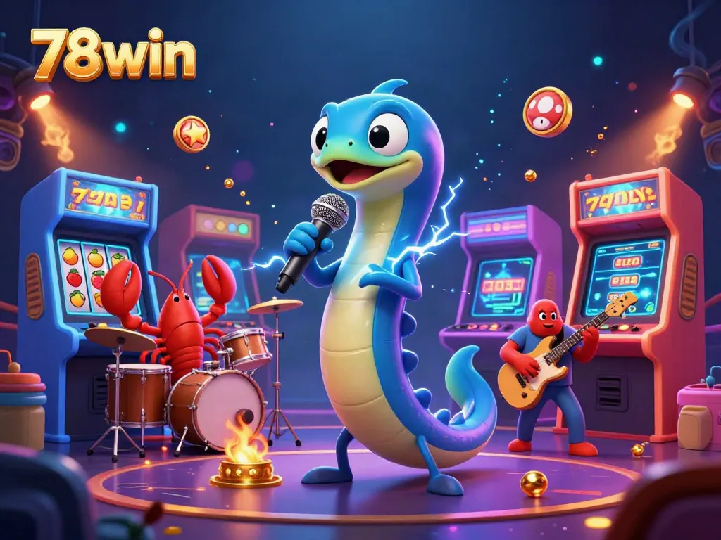 Experience the thrilling excitement of 78win with a colorful underwater casino scene featuring a DJ electric eel, backing band, and slot machines.