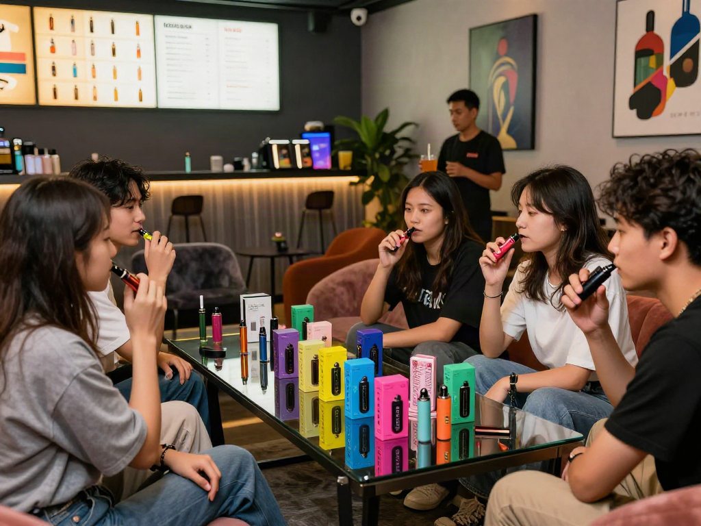 Friends enjoying raz vape products in a cozy urban lounge atmosphere.