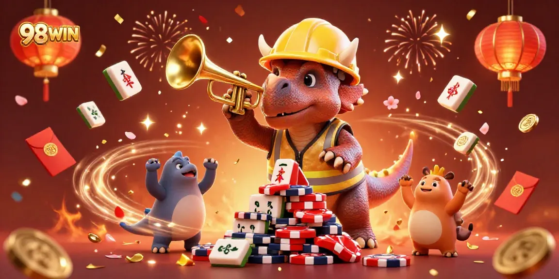 Celebrate wins with 98WIN as a triceratops builds poker chips amidst vibrant casino elements.