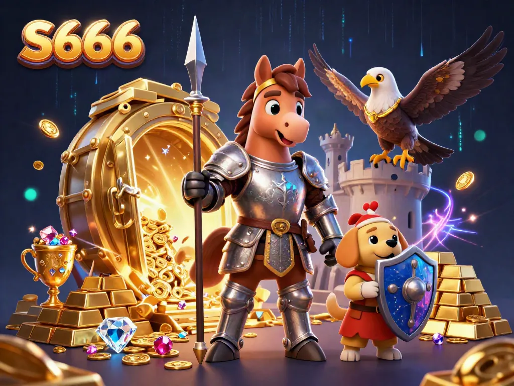 S666 casino scene with a knight, puppy, and falcon amidst treasures, delivering an engaging gambling experience.