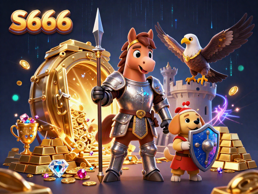S666 casino scene with a knight, puppy, and falcon amidst treasures, delivering an engaging gambling experience.