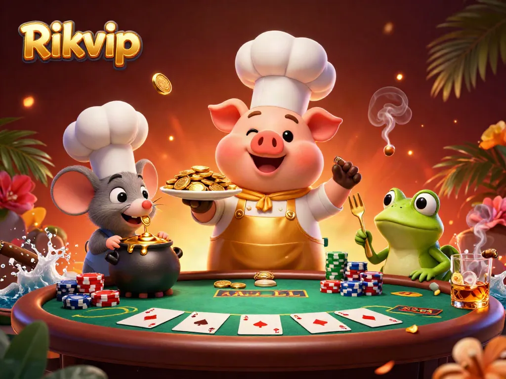 Rikvip chef pig serves gold coins in a vibrant casino scene with colorful poker elements.