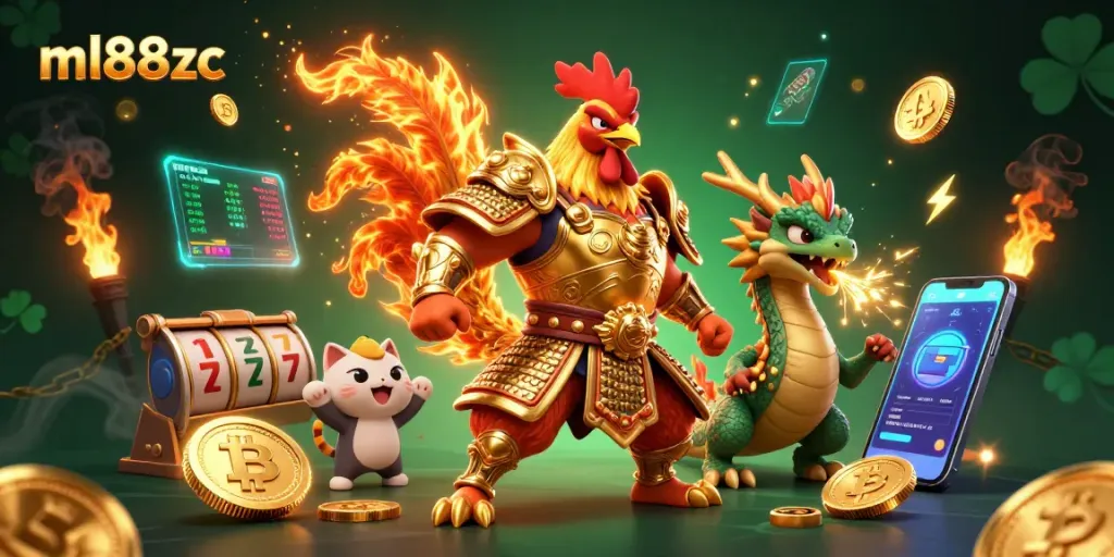 Experience thrilling moments at ml88zc with a powerful rooster warrior and dragon in a dynamic casino scene.