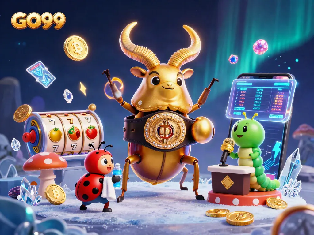 GO99 presents an exciting casino scene with a boxing beetle champion and vibrant game elements.
