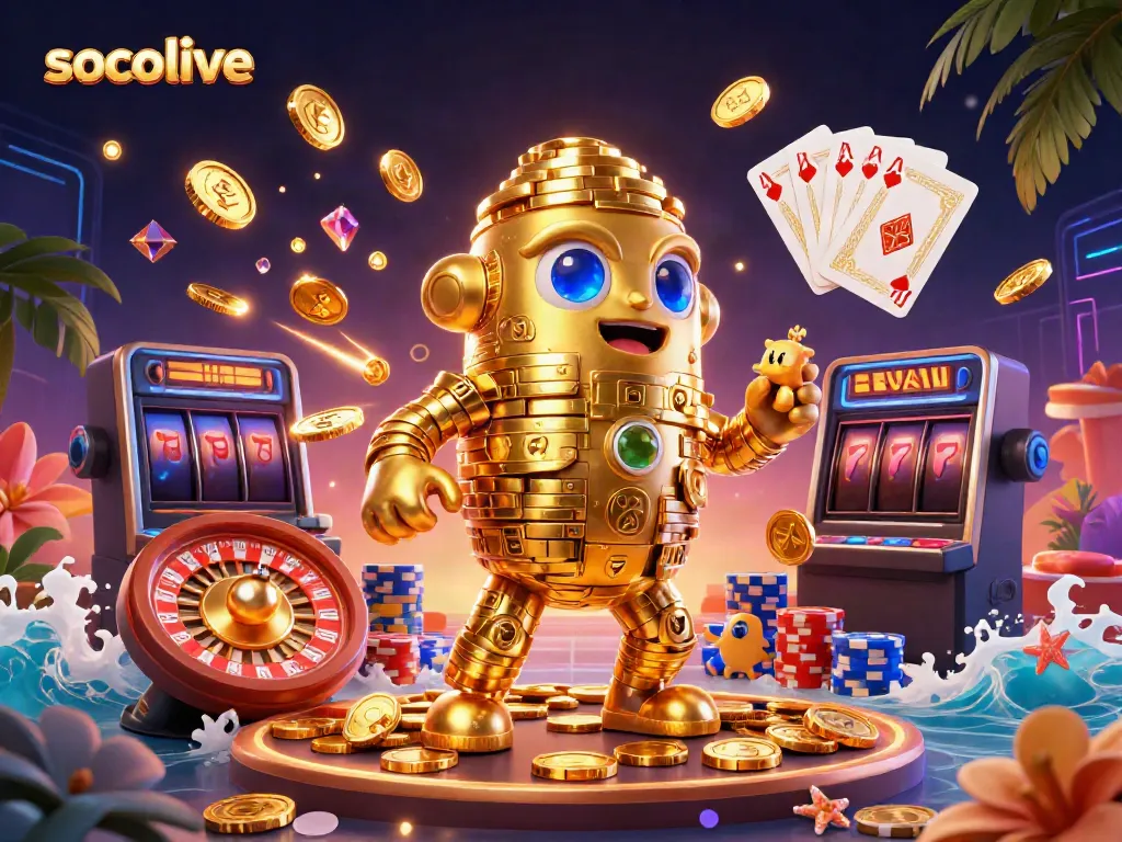 Engage with socolive in this vibrant 3D casino scene featuring a golden golem and roulette wheel.