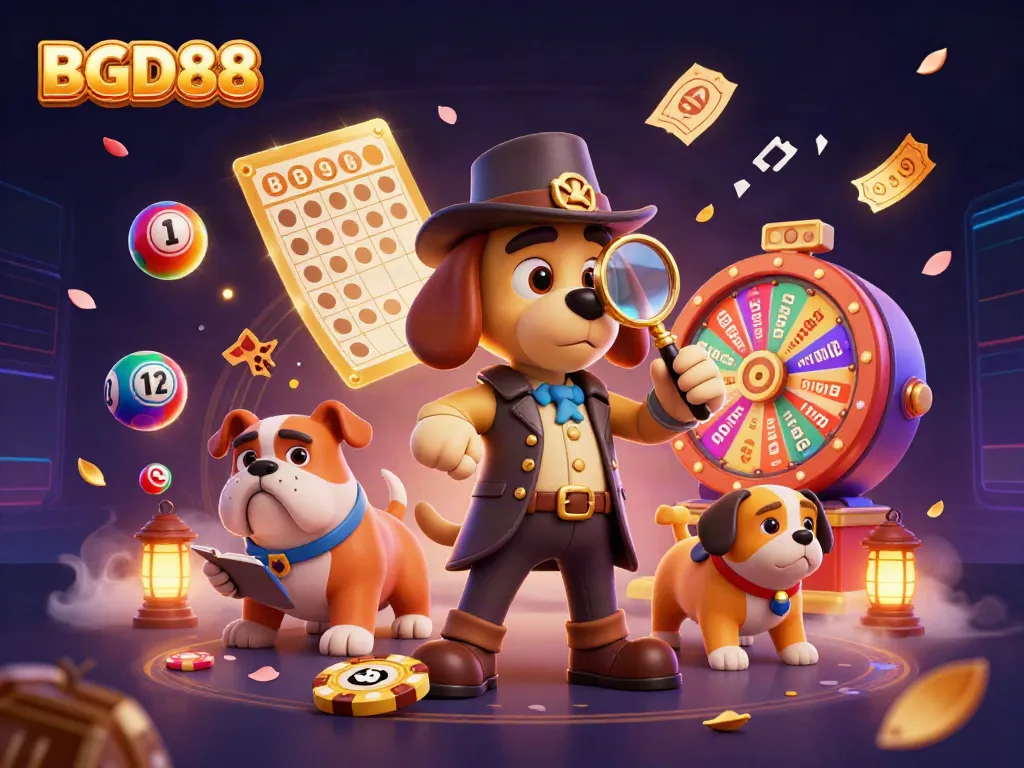 Examine thrilling BGD88 gameplay with a 3D cartoon bloodhound detective and vibrant gambling elements.