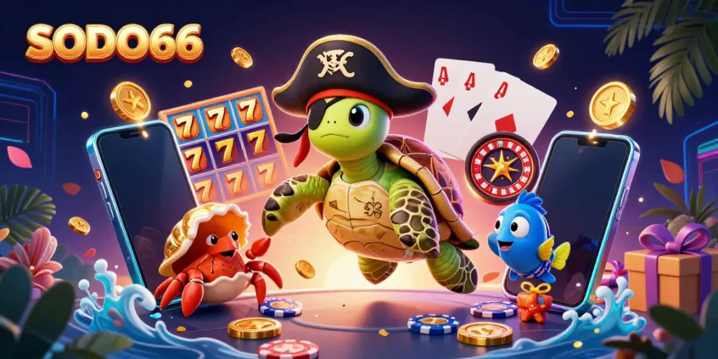 SODO66 invites users to win with thrilling casino games in a vibrant underwater scene with exciting characters.