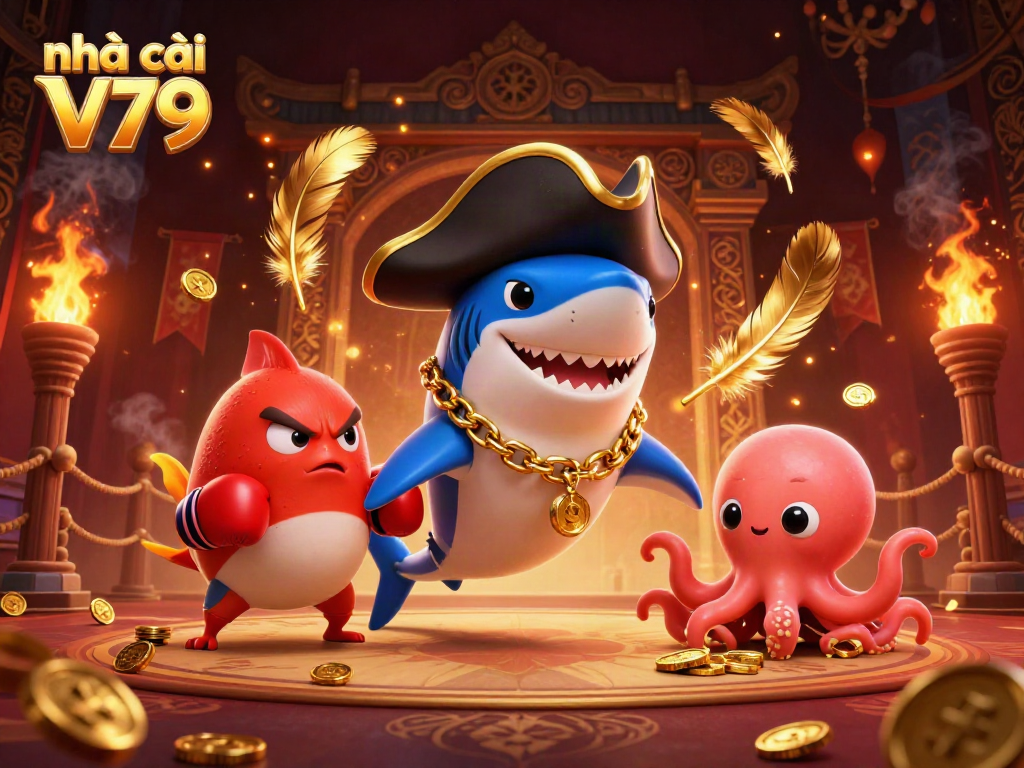 Engaging scene of Nhà cái V79's playful characters showcasing a vibrant online gambling atmosphere with gold coins and dynamic effects.