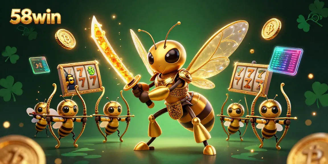 Experience the thrill of 58win with dynamic slot game elements and shining crypto coins in a vibrant scene.