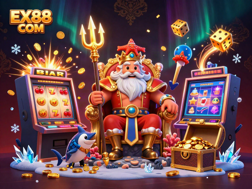 Experience the excitement of EX88 COM as Neptune and his samurai bodyguard celebrate jackpots in a vibrant casino