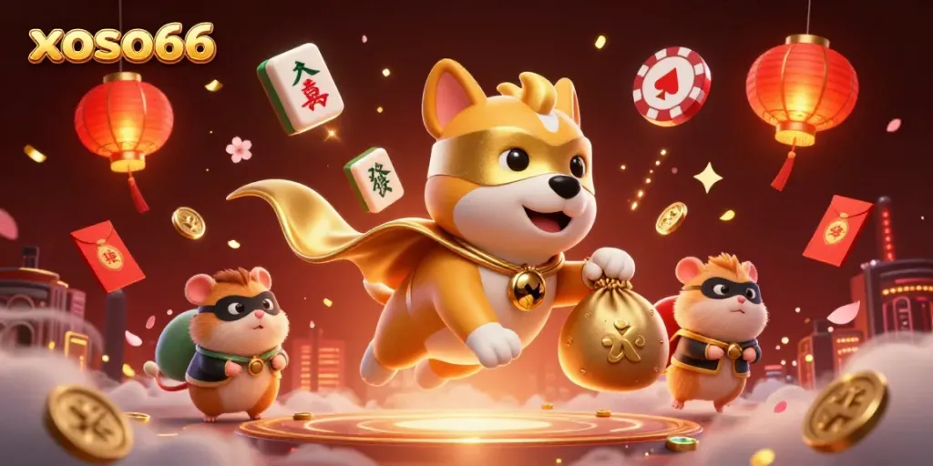 Experience winning with xoso66 in this vibrant and dynamic 3D illustration of playful casino-themed elements.