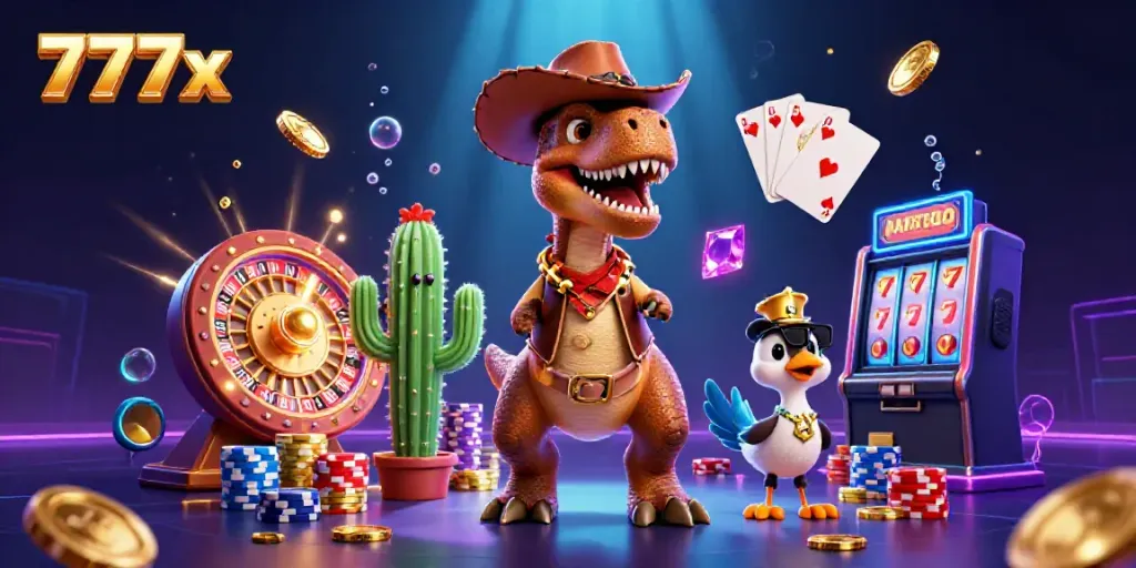 Experience thrilling wins at 777x with a dynamic 3D casino scene featuring a cowboy dinosaur and vibrant gambling elements.