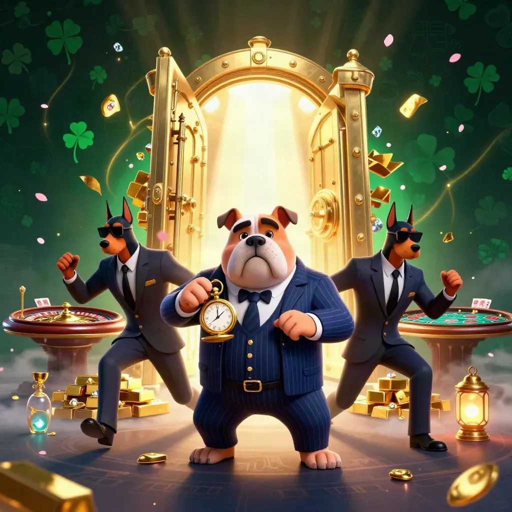 Mafia bulldog and two Dobermans burst from a treasure vault amid gold, gems, and casino lights.