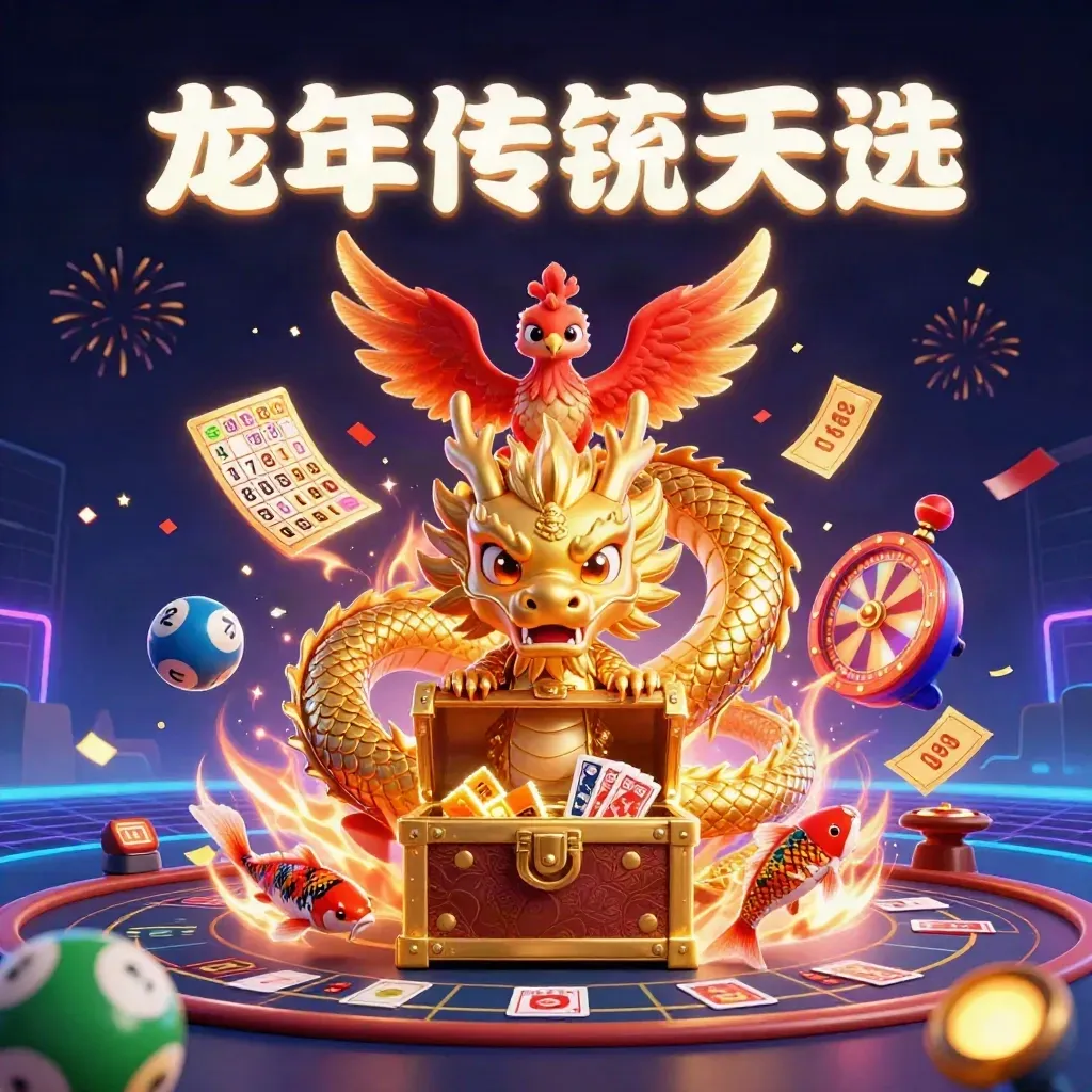 Golden dragon with phoenix and koi amid casino icons, fireworks, and neon treasure light