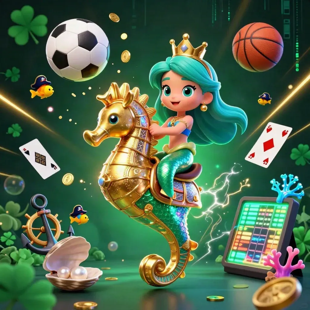 Mermaid princess on armored seahorse amid casino treasure, fish, balls and glowing underwater light.