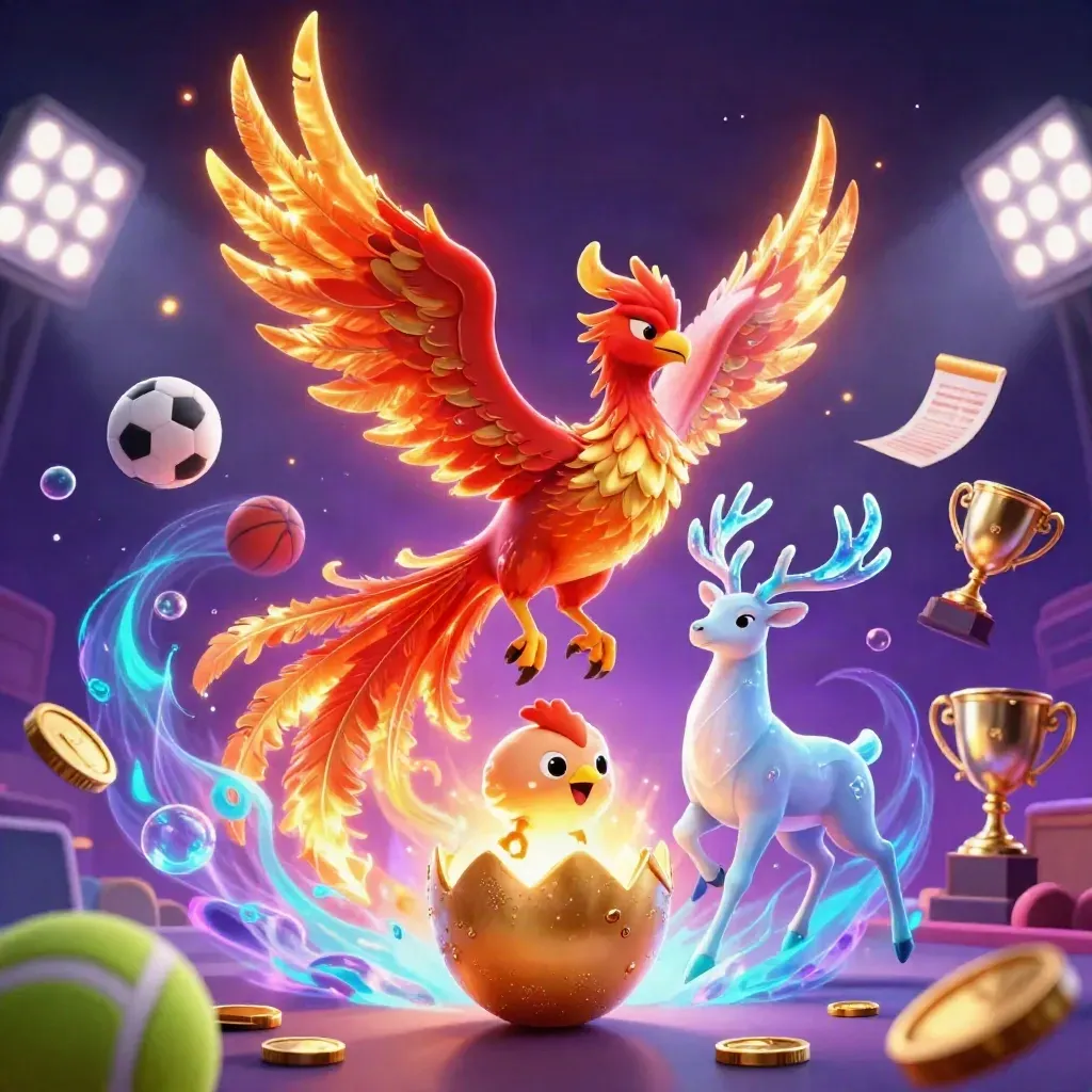 Phoenix, hatching egg, and antlered stag amid flying sports balls, coins, and neon beams.