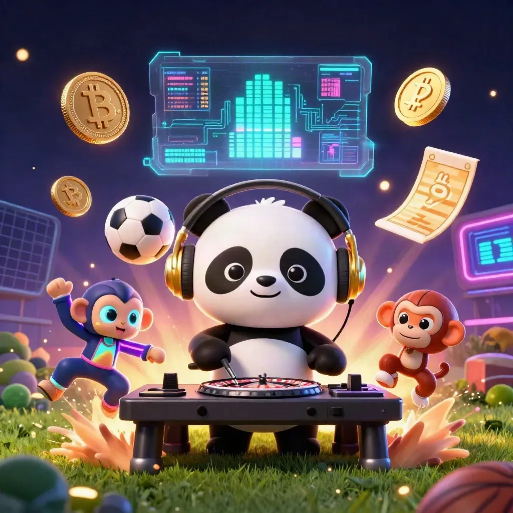 Panda DJ, monkey and kitten amid casino coins, balls and neon sports tech