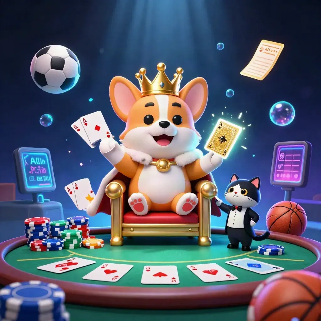 Crowned corgi and cat butler amid poker chips, cards, soccer ball, basketball, and glowing casino lights