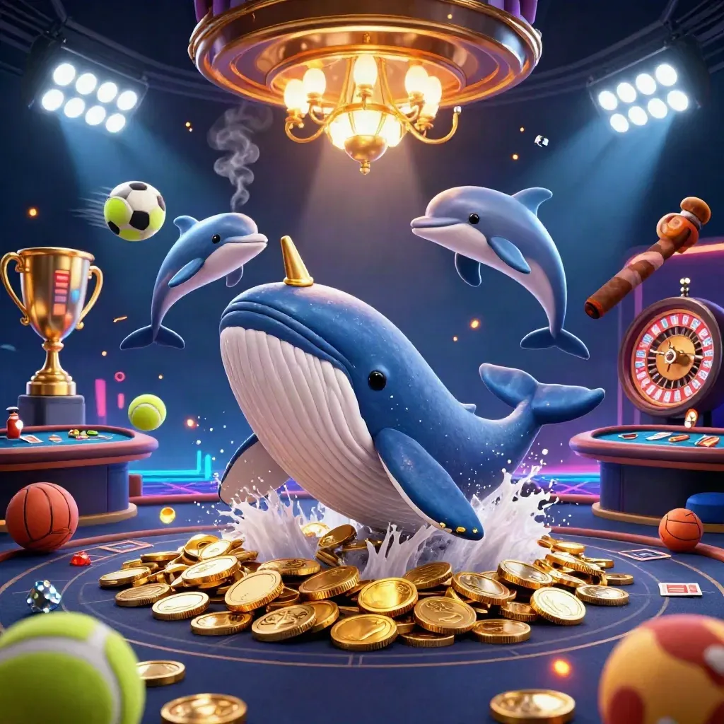 Whale captain, narwhal, and dolphins in a glowing casino sea of coins, balls, and brass lights.